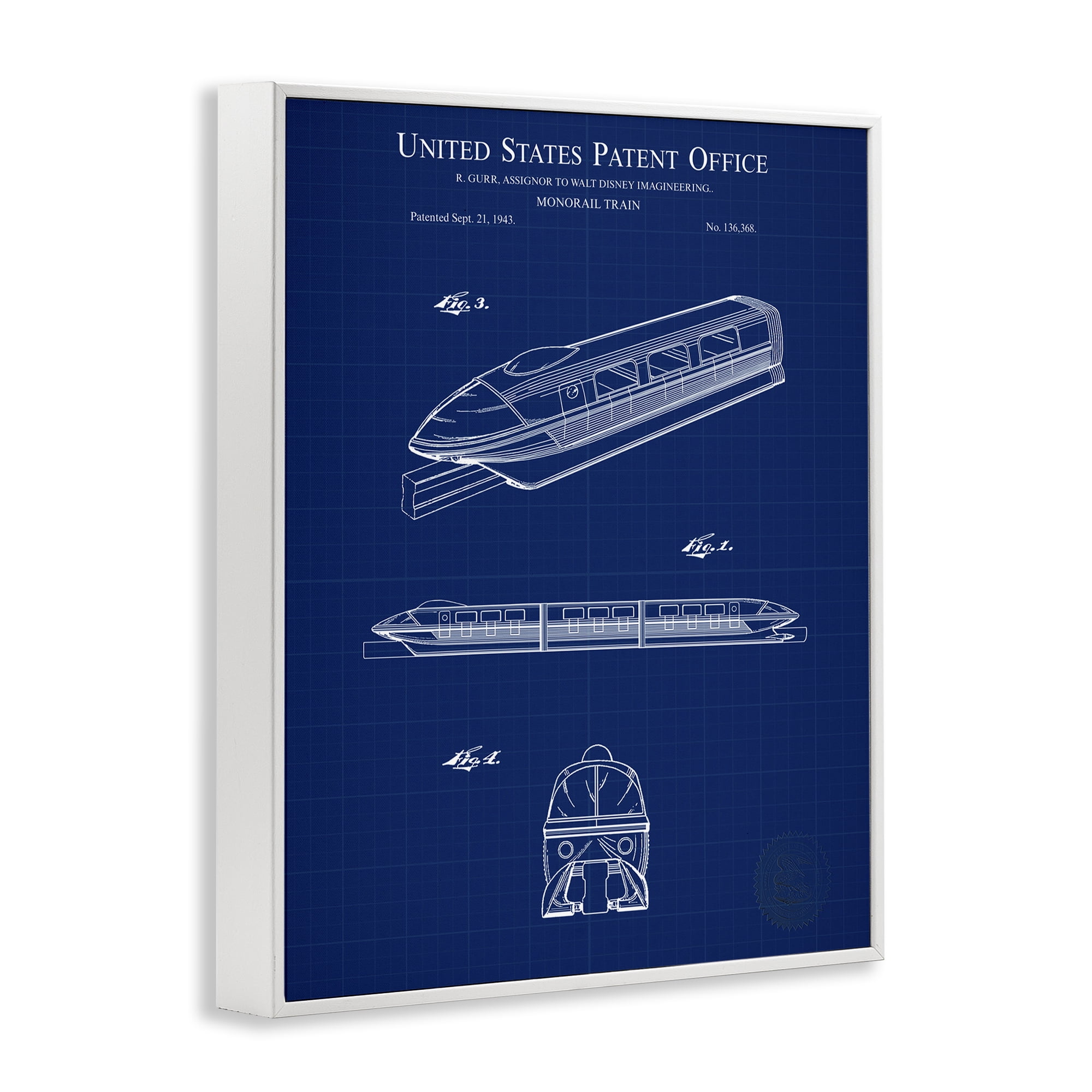 Stupell Industries Monorail Train Blueprint Transportation Painting White Framed Art Print Wall Art, 16 x 20