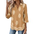 thumbnail image 2 of ASDFVBKG Womens Blouses Spring Tops Soft 3/4 Length Sleeve V-Neck Collared Blouse Fashion Retro Floral Printed Vacation Loose Fit Outfits Light Brown 2XL, 2 of 4