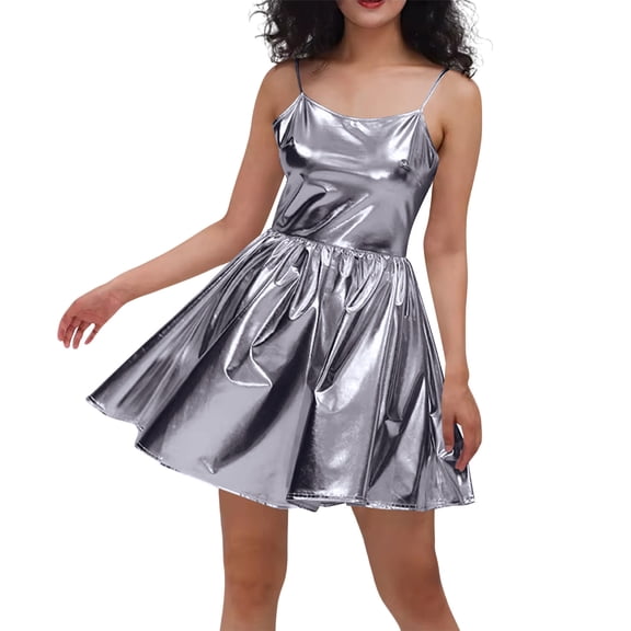 Maqroz Dresses for Women Plus Size Spaghetti Straps Metallic Dress Swing Party Clubwear Shinny Mini Dancewear High Waist Skater Dresses Gray S