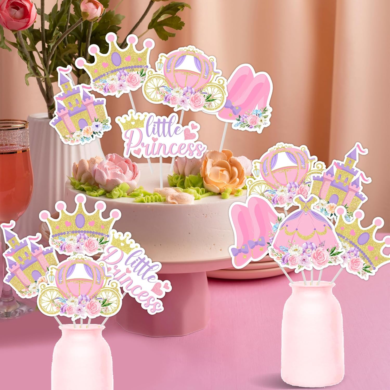 Kreatwow Floral Princess Table Decorations 24pcs Princess Centerpiece Little Princess Decorations Table Centerpiece Supplies Princess Castle Crown Carriage Party Table Topper for Birthday Baby Shower