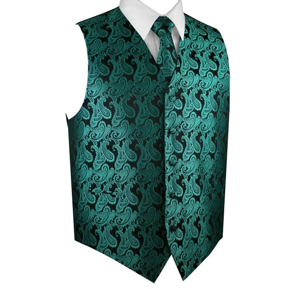 "BEST TUXEDO" Men's Formal, Wedding, Prom, Homecoming, Tuxedo Vest, Tie & Hankie Set - Jade Paisley