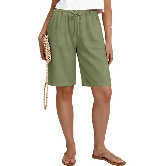 RYRJJ Women's Cotton Linen Bermuda Shorts Knee Length Drawstring High Waisted Casual Beach Summer Shorts with Pockets(Army Green,L)