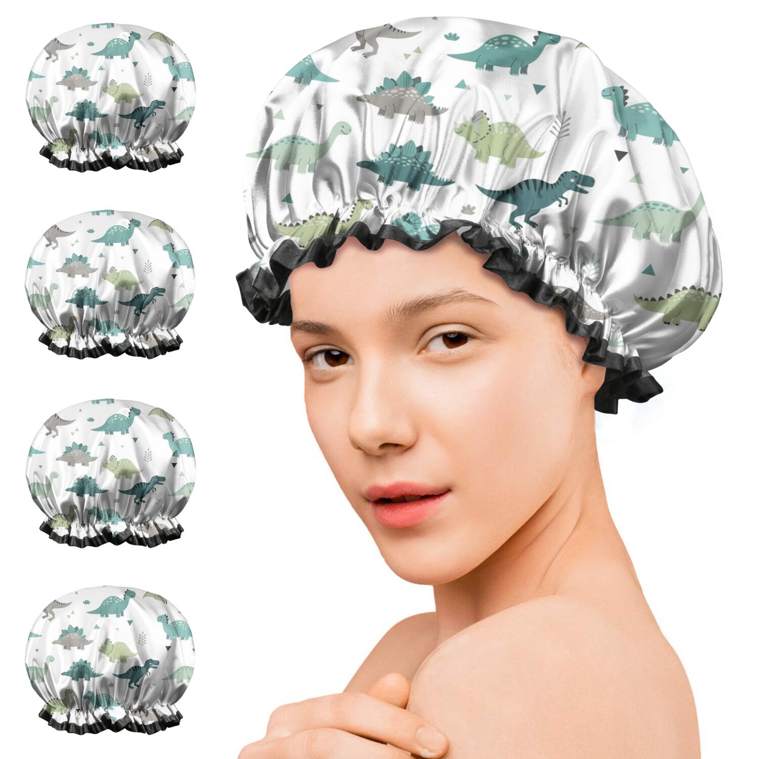 Shower Caps,White Cartoon Dinosaurs Triangles Plants Pattern Waterproof Shower Cap for Women 4 Pieces,Double Reusable Hair Cover for Shower PEVA Elastic Stretch Hem