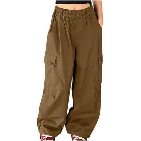Jgppe Girls Cargo Pants Fashion Trousers High Waist Baggy Straight Leg Pants with Pockets for 5-14 Years