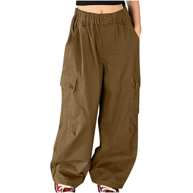aidice Teen Girls Clothes Cargo Pants Button Elastic Waisted Straight Leg Solid Color Loose Pant with Multi Pockets