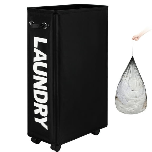 DOKEHOM 29-Inches Enlarged Slim Laundry Basket with Removable Wash Bag on Wheels, Collapsible Rolling Laundry Hamper, Foldable Narrow Corner Clothes Storage Bins (Black)