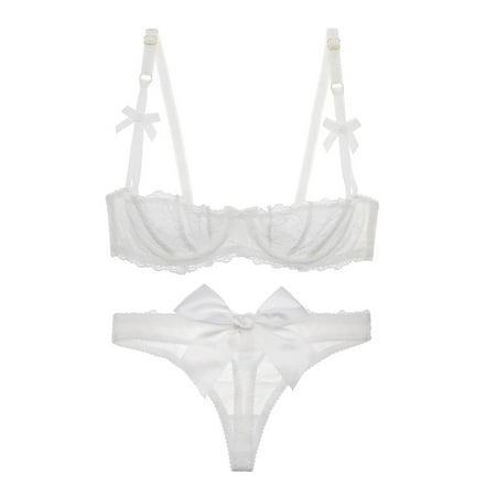 

Women s Lace Unlined Balconette Demi-Cup Underwire Sheer Bra and Sexy See Through Thong