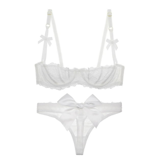 Soutien-gorge Balconnet Demi-Bonnet Non Doublé en Dentelle pour Femme à Armatures, Transparent, et String Transparent