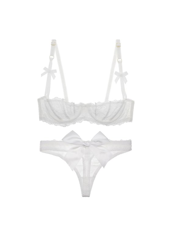 Women'sLaceUnlinedBalconetteDemi-CupUnderwireSheerBra and Sexy See Through Thong