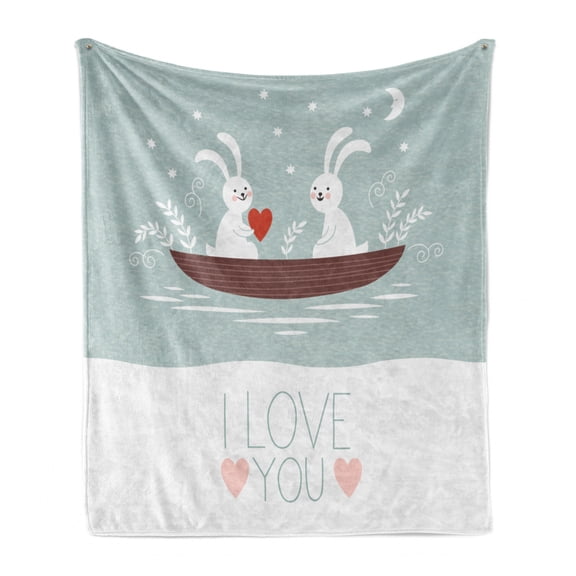 I Love You Soft Flannel Fleece Blanket, Rabbit Couple Sailing on Boat in the Lake Bunny Partners Kids Cartoon, Cozy Plush for Indoor and Outdoor Use, 50" x 70", Baby Blue Umber White, by Ambesonne