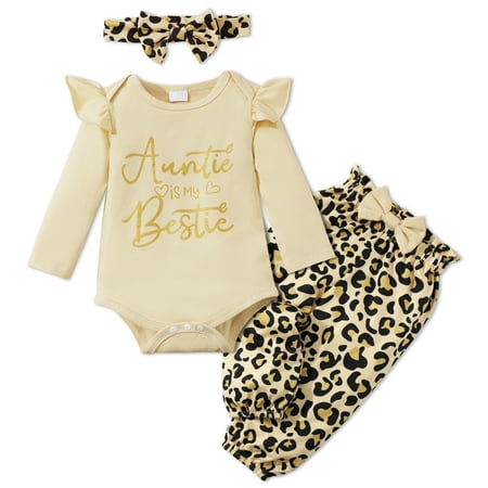 

Clearance! Newborn Baby Girls Long Sleeve Ruffle Romper Letter Bodysuit Leopard Print Pants Headband Clothes Set