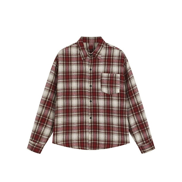 Blusa y camisa de manga larga con cuello vuelto para hombre, blusa informal a cuadros a la moda con botones y cuello vuelto, blusa de poliéster para hombre