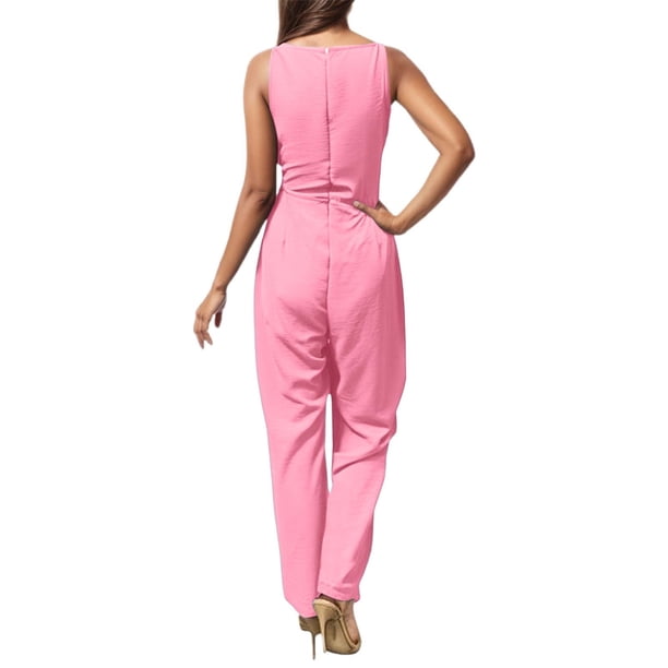 Mono sin mangas con cuello en V y pierna ancha para mujer - Mono con cintura ajustable para llevar en verano en ocasiones informales