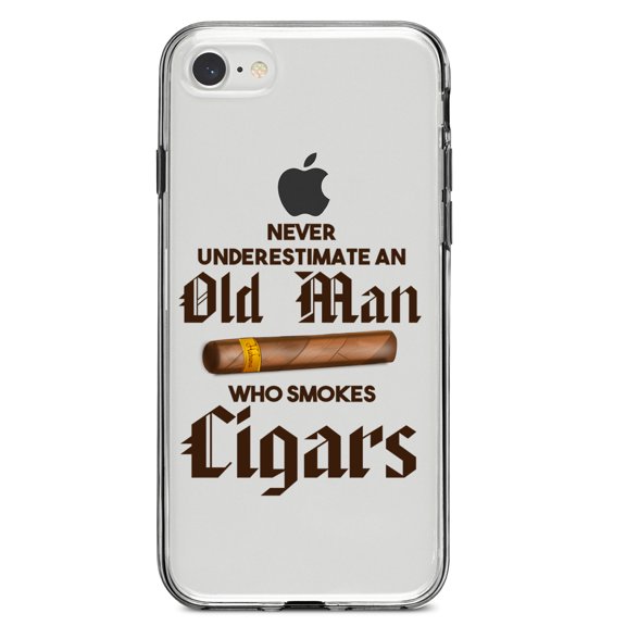 DistinctInk Clear Shockproof Hybrid Case for iPhone 7 8 SE (2020 Model) 4.7" Screen TPU Bumper Acrylic Back Tempered Glass Screen Protector - Never Underestimate Old Man Who Smokes Cigars