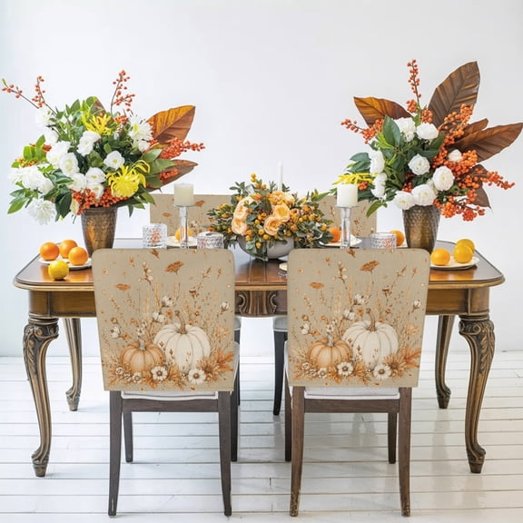 Thanksgiving Fall Chair Back Covers Set of 1, Rustic Farmhouse Beige Pumpkin Wheat Linen Texture Stretch Dining Chair Back Slipcovers Removable Seat Cover for Kitchen Restaurant Hotel Cafe