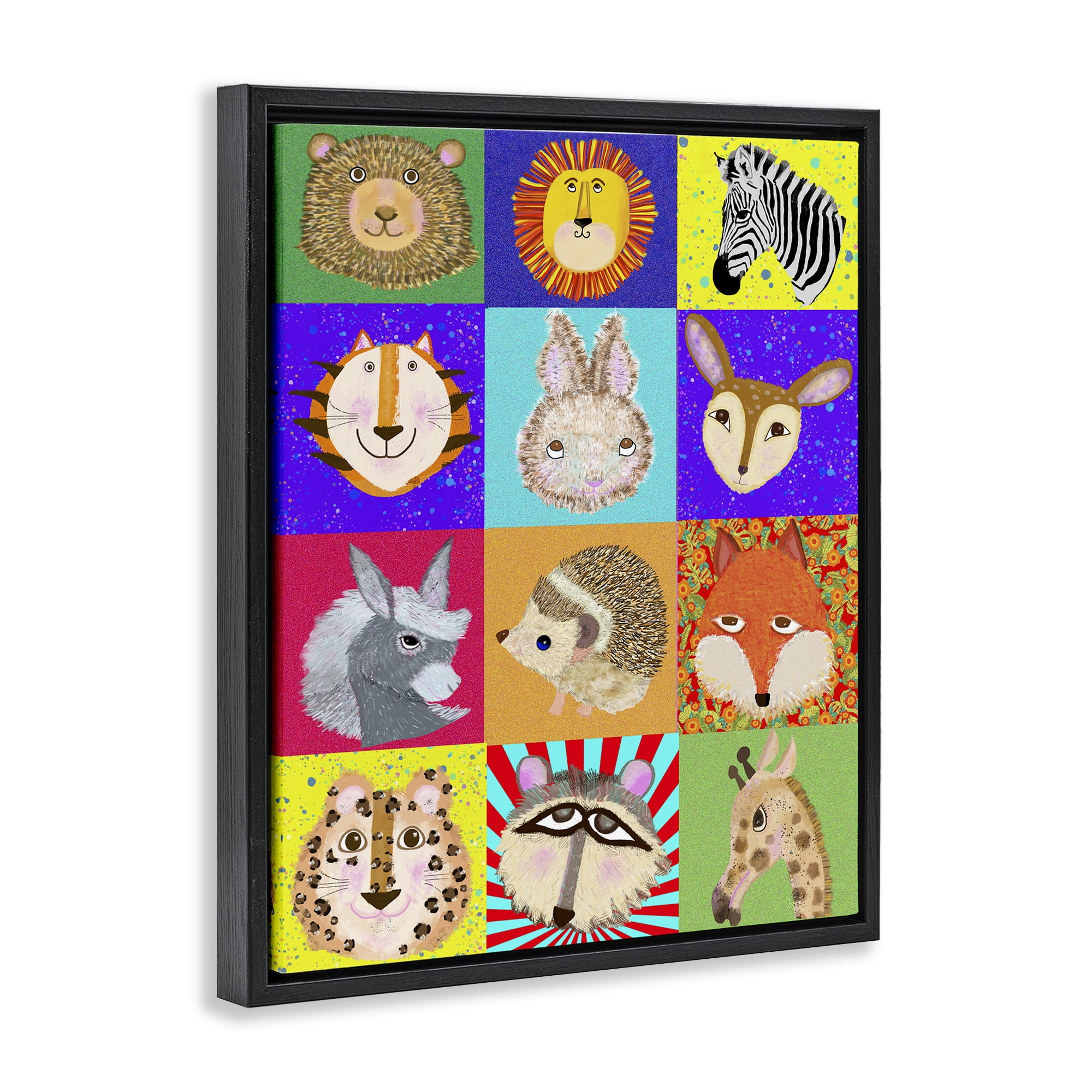 Furry Faces Animals Black Framed Floater Canvas Wall Art, design by Lynnda Rakos