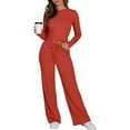 thumbnail image 2 of 2 Piece Lounge Set Women Ribbed Knit Tracksuit Long Sleeve Crop Tops Flare Pants Solid Color Slim Fitting Sets Pajamas Fall Outfits (Red M), 2 of 6