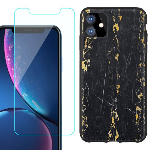For Apple iPhone 11 Phone Case , Slim-Fit TPU Protective Case (Black), with Tempered Glass Screen Protector, by OneToughShield ® - Marble / Gold/Black