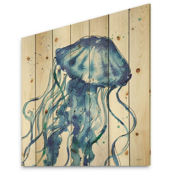 Designart 'Blue Deep Sea X' Coastal Print on Natural Pine Wood