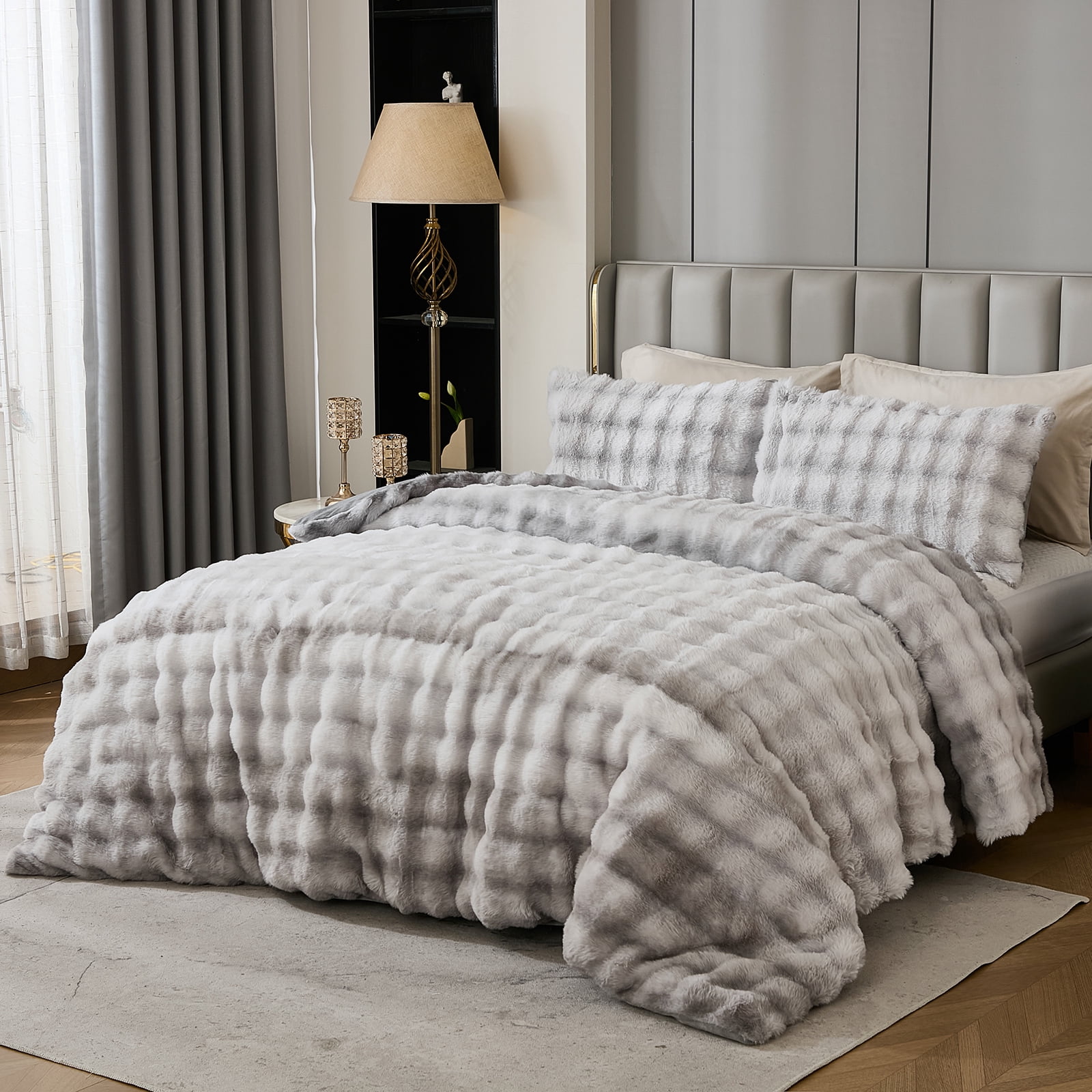 Plush Rabbit Faux Fur Comforter Set Queen/King Size Tie Dyed Fluffy Comforter Bed Set Luxury 3 Pieces Warm Shaggy Winter Comforter Queen Size Soft Bubble Bedding Comforter Set