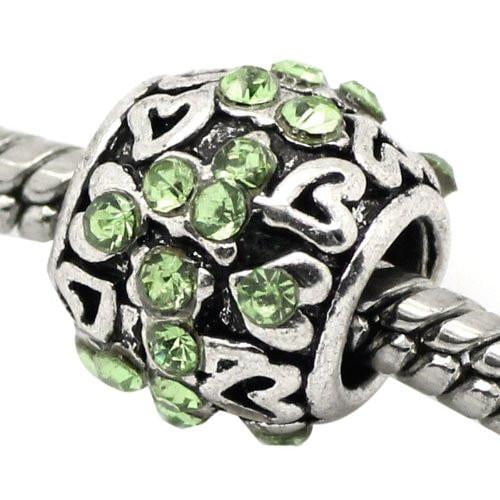 Birthstone  August Peridot Green  Rhinestone Spacer For Snake Chain Charm Bracelet