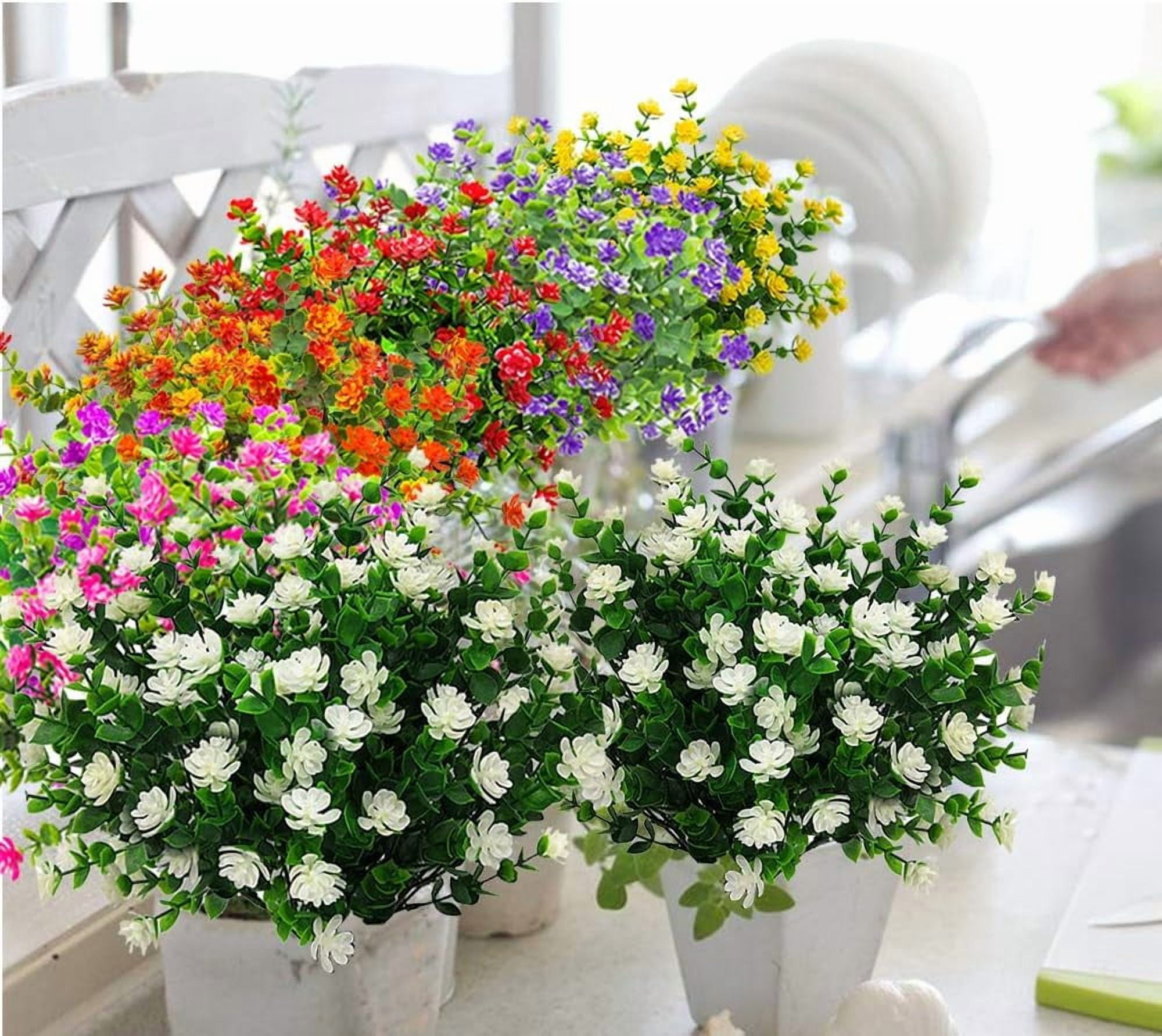 24 Bundles Outdoor Artificial Flowers UV Resistant Faux Plastic Plants Outside Indoor Fake Hanging Greenery Shrubs Arrangement for Backyard Window Box Porch Home Patio Decoration (White-Eucalyptus)