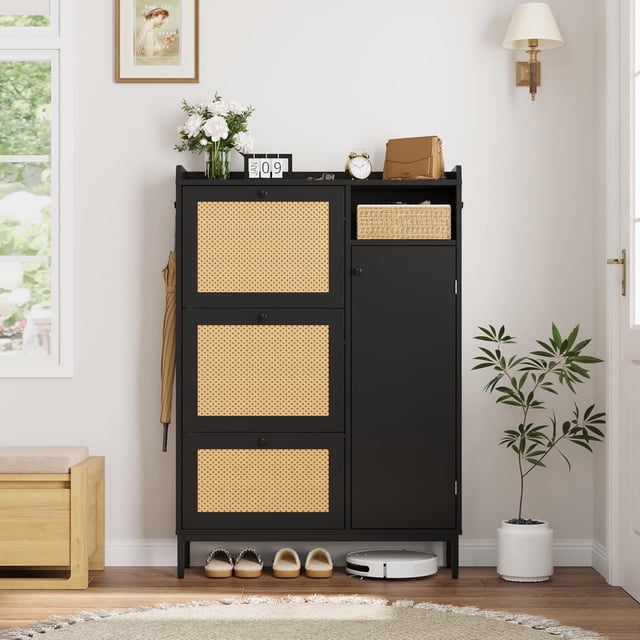 Bingirl 3 - Tier Rattan Shoe Cabinet with Flip - Out Drawers, Free - Standing Narrow Design, Adjustable Shelves, Top Grate, Perfect for Entryway