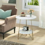 Marble End Table, 2 Tier Round Side Table with Shelves, Modern Gold Nightstand Bedside Table Small Coffee Accent Table for Living Room Bedroom, White and Gold