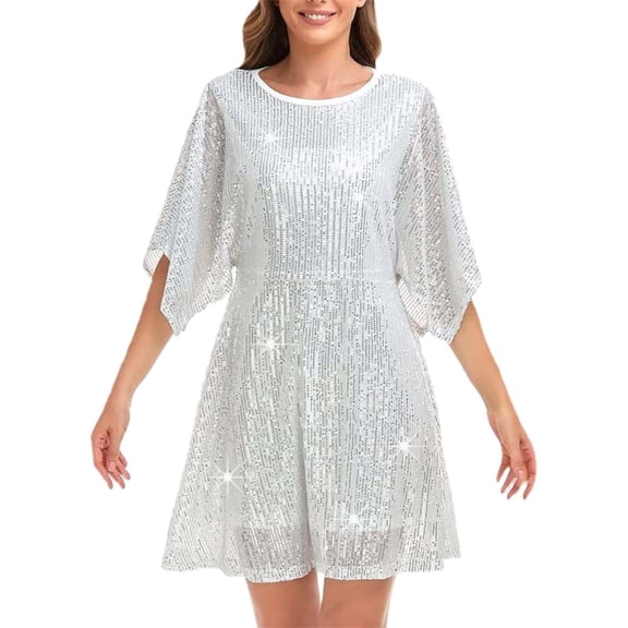 Wdgfv Womens Sparkly Sequin Shirt Dress Ladies Sparkle Half Sleeve T-Shirt Dress Glitter Tiered Loose Party Dress White XL