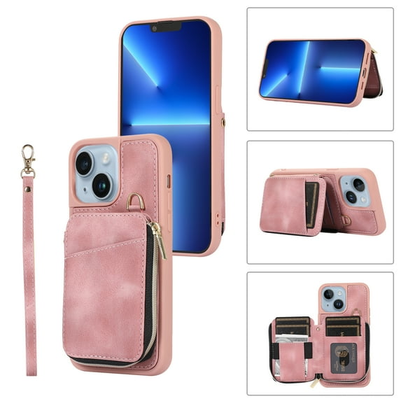 ELEHOLD for iPhone 14 Plus 6.7 inch Luxury Zipper Wallet Case with Card Slots Zipper Pocket Kickstand Function Wriststrap Crossbody Shoulder Strap Shockproof Purse Case,Pink
