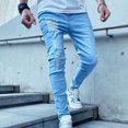 thumbnail image 6 of Hinvhai Clearance Men Solid Button Zipper Custom Fit Irregular Ripped Jeans Blue 10(XL), 6 of 9