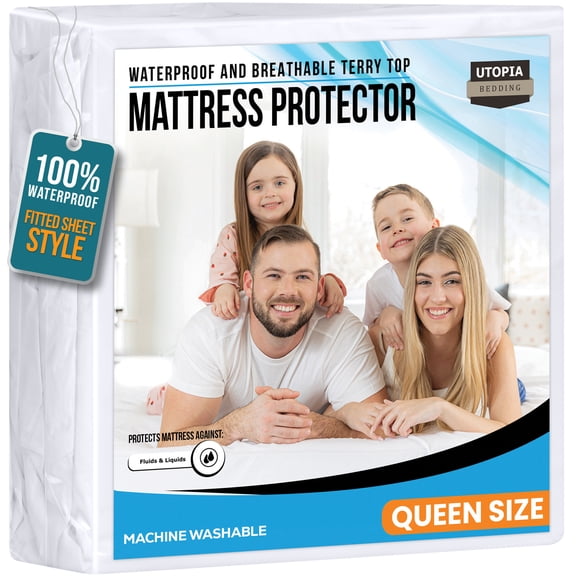 Utopia Bedding Waterproof Mattress Protector – Fitted Sheet Style, Deep Pocket Cover Fits Up to 15 Inches, Washable & Breathable Mattress Topper