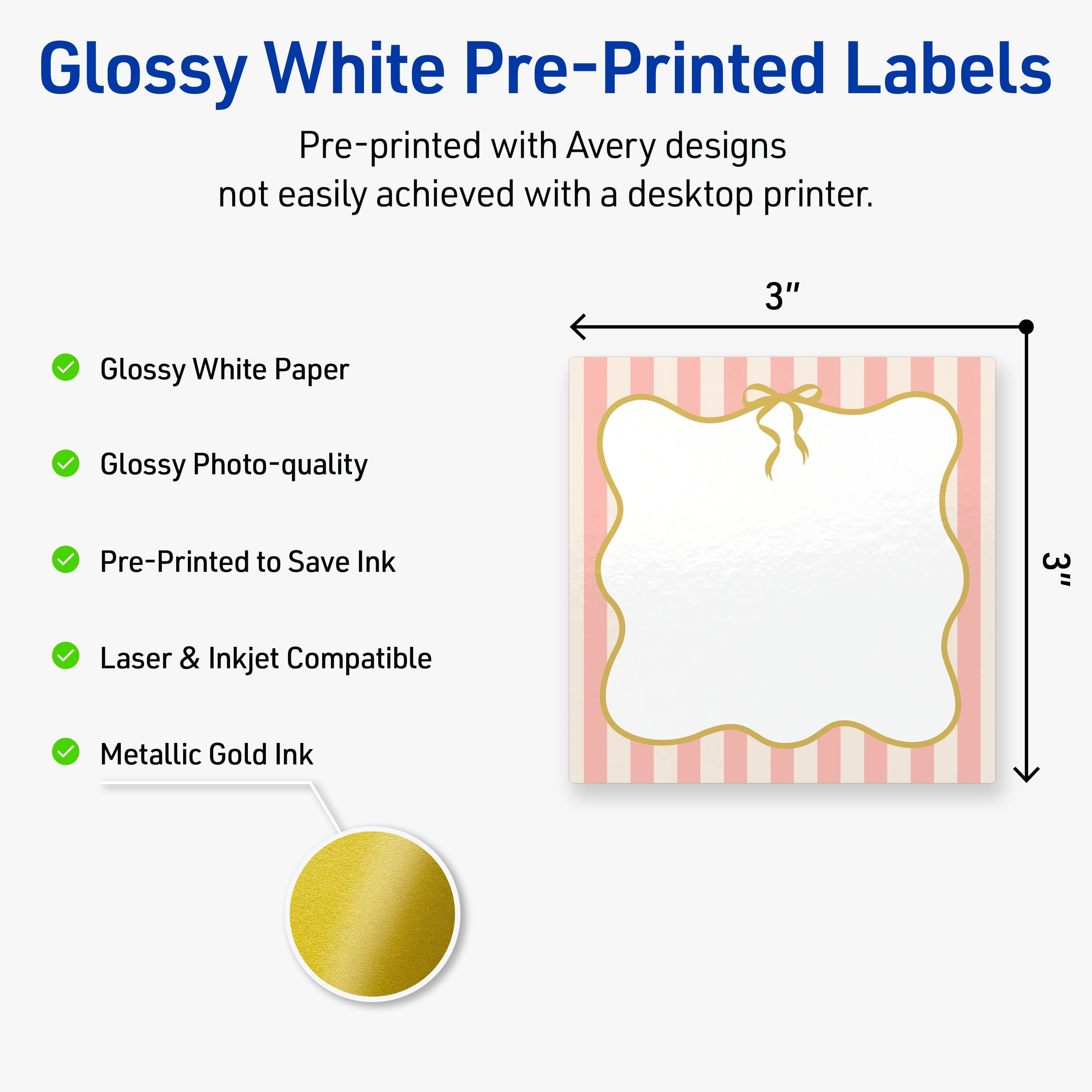 Avery Square Labels, 3" x 3", Pink Stripes with Gold Bow, Glossy