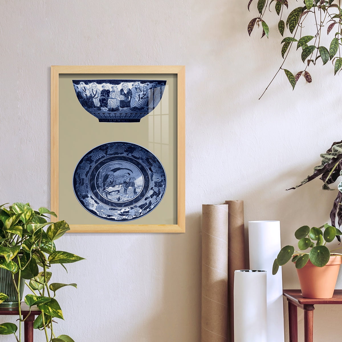 Porcelain in Blue and White II -Framed Print w/glass-Natural Wood