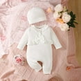thumbnail image 2 of Kucnuzki Newborn Baby Girl Clothes 0 Months Fall Winter Bodysuit 1 Months Long Sleeve Lace Trims Solid Color Bodysuit Hat 2PCS Set White, 2 of 8