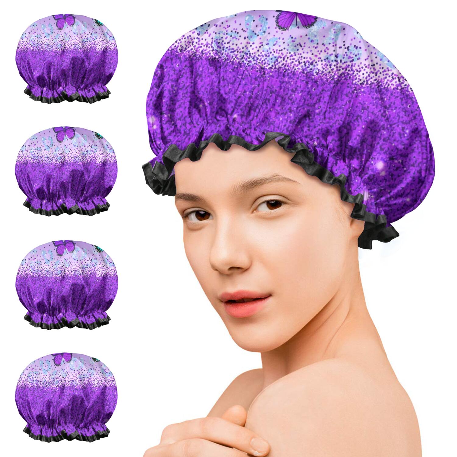 Shower Caps,Purple Butterfly Leopard Pattern Waterproof Shower Cap for Women 4 Pieces,Double Reusable Hair Cover for Shower PEVA Elastic Stretch Hem