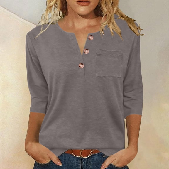 Dolkfu T Shirts for Women Elbow-Length Gray V-Neck Tops Stylish Casual Solid Color T-Shirts Women'S Clothing