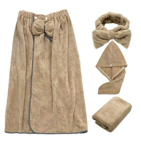 Yammee 4Pcs/Set Women Wearable Bath Wrap with Towel Headband Hair Dry Cap Bow Bathrobe