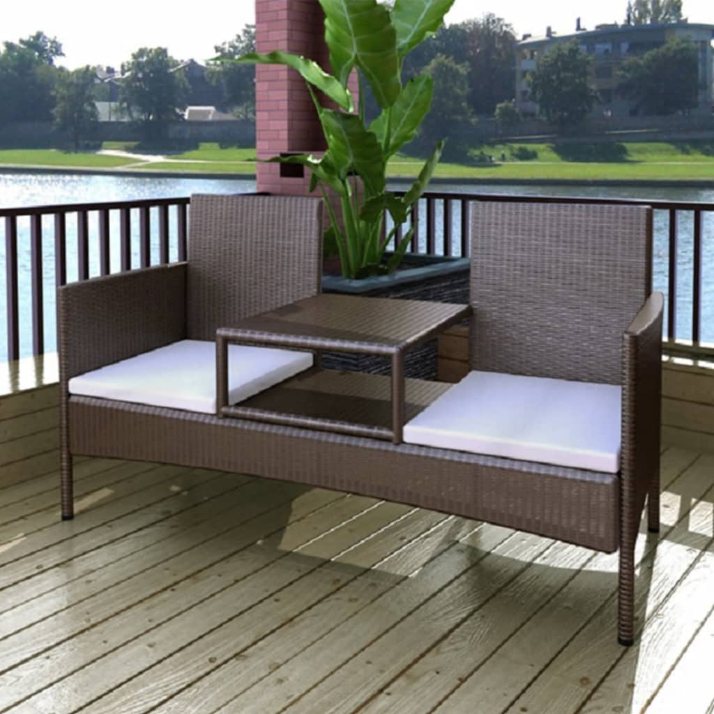 Kepooman 2 Seat Patio Rattan Wicker Bench with Tea Table, Brown