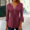 thumbnail image 2 of aidice 3/4 Length Sleeve Womens Tops Eyelet Button Round Neck Ruched Tunic Casual Solid Color Tee Shirts, 2 of 5