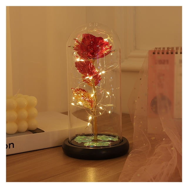 Flor de la inmortalidad con cubierta de vidrio y luces LED, flor de cristal eterna for siempre, rosa iluminada en cúpula de vidrio