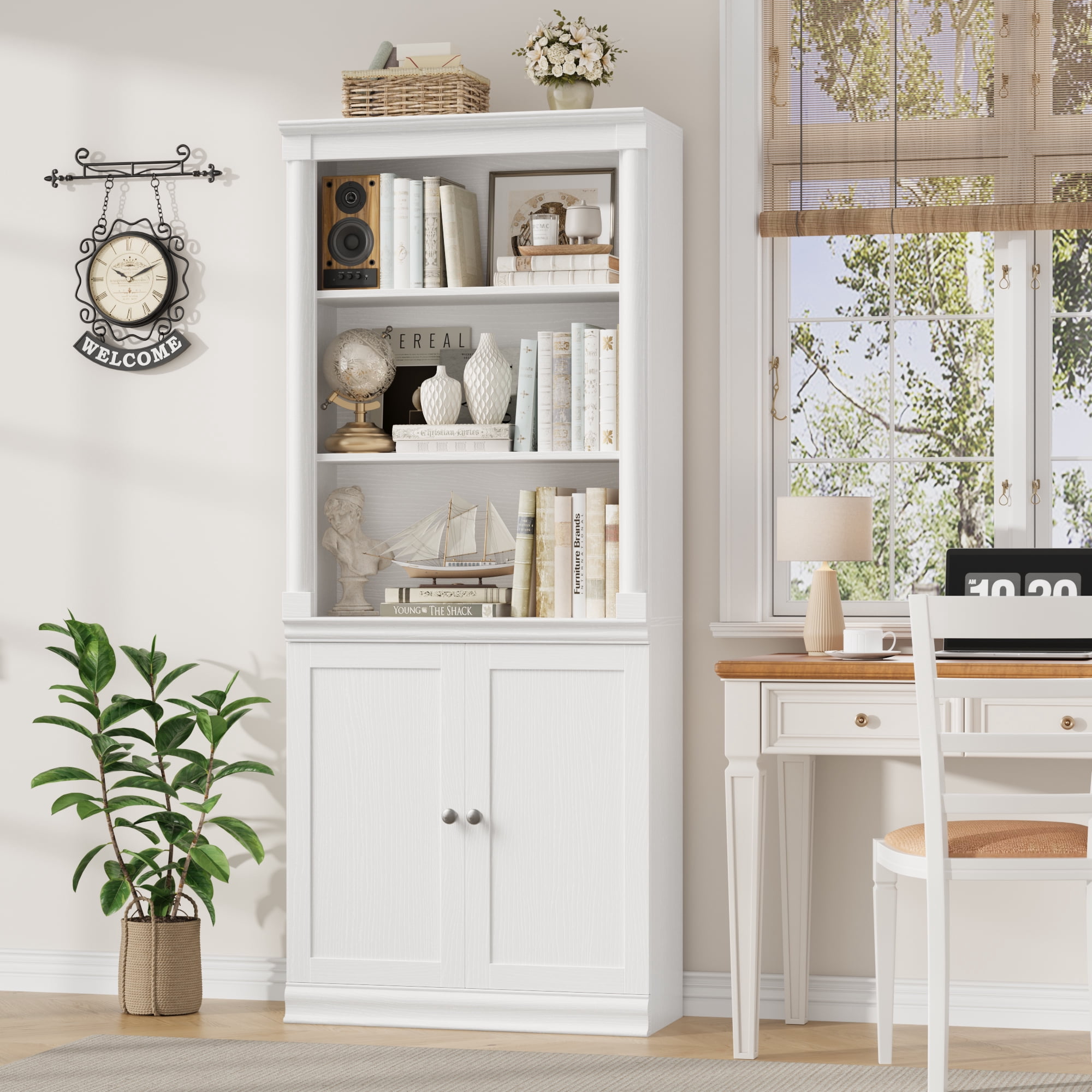 Homfa 71"H Bookcase with Doors, 5 Tier Storage Bookshelf with Adjustable Shelf for Study Home Office, White