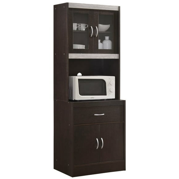 Hodedah Long Standing Kitchen Cabinet with Top &amp; Bottom Enclosed Cabinet Space, One Drawer, Large Open Space for Microwave, Chocolate