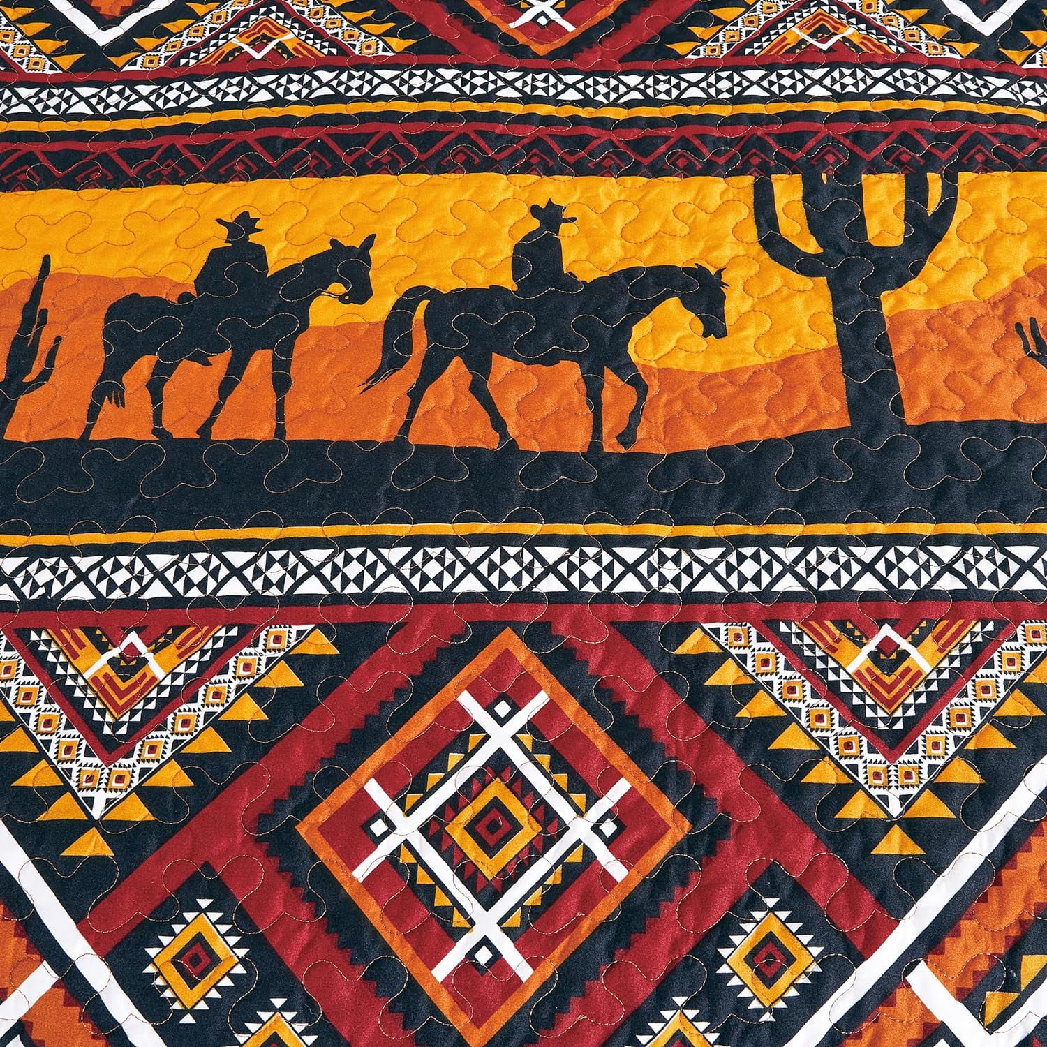 Chezmoi Collection Rodeo 2-Piece Southwestern Sunset Cowboys Quilt Set Twin, Multicolor Red Orange Black White Printed Microfiber Lightweight Bedspread Set for All season