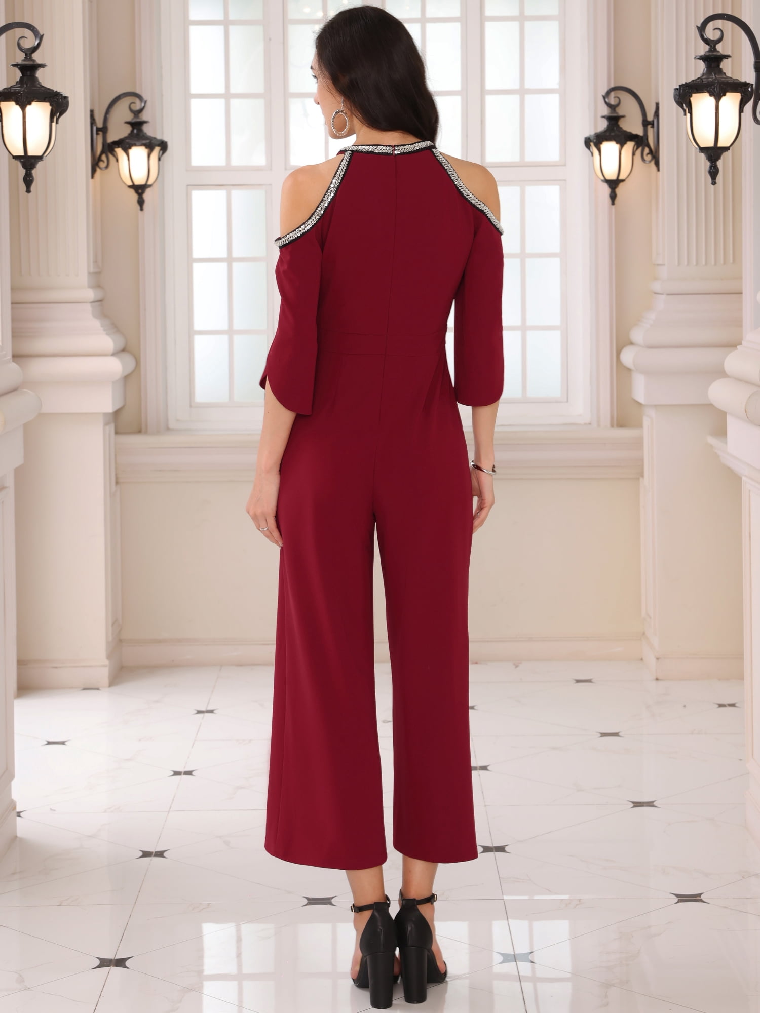 DARING DIVA Women's Dressy Jumpsuit Split Sleeve Wide Legs Cocktai L Wine Red