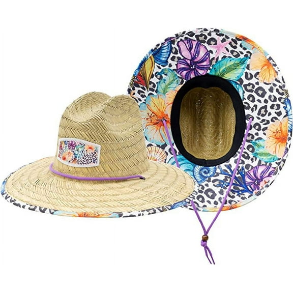 Leopard Print Shells Fabric Pattern Print Straw Sunhat Men & Women, Lifeguard Hat, Beach, Swim, Cruise, Paddle Board, Boat, Fishing, Fits All, Malabar Hat