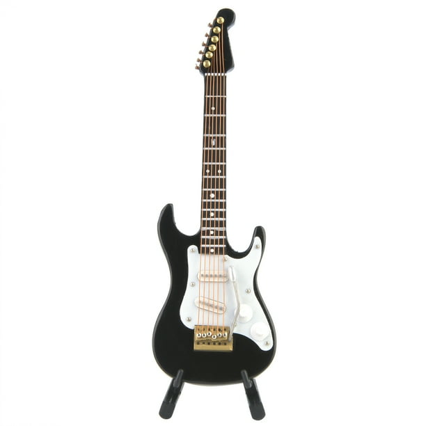Delicada colección de adornos en miniatura de guitarra eléctrica de madera de 14 cm con soporte (negro)