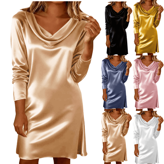 Mifsaly Long Sleeve Satin Dress Women 2026 Cowl Neck Elegant Wedding Guest Dress Mini Soft Cozy Cocktail Party Evening Gowns XXL