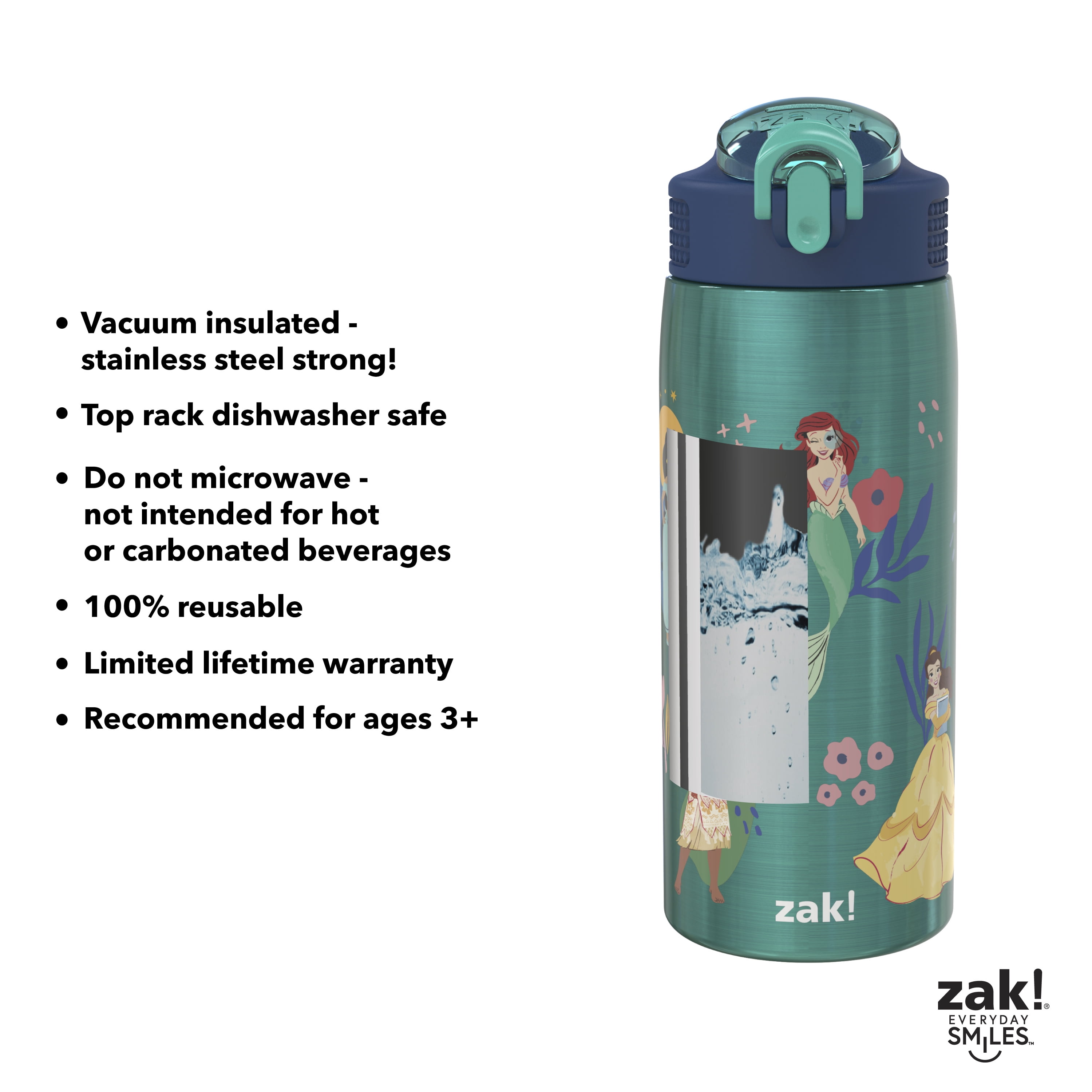 Zak Designs Disney Princess Water Bottle for Travel and At Home, 19 oz Vacuum Insulated Stainless Steel with Locking Spout Cover, Built-In Carrying Loop, Leak-Proof Design (Disney Princess)