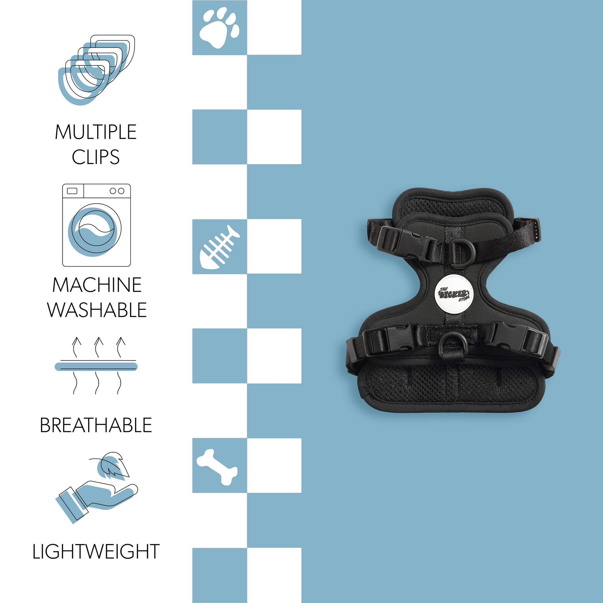 THE LICKER STORE Arlo Extra Small Adjustable Soft Padded No Pull Pet Harness with 3 Buckles and 3 Leash Clips, Black, HNS1000I